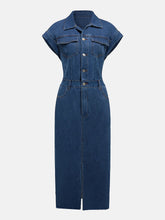 Load image into Gallery viewer, Slit Half Button Collared Neck Cap Sleeve Denim Dress