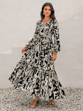 Load image into Gallery viewer, Smocked Printed Tie Neck Long Sleeve Dress
