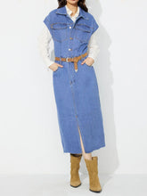 Load image into Gallery viewer, Slit Half Button Collared Neck Cap Sleeve Denim Dress