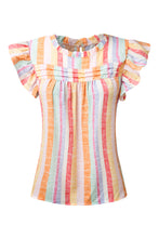 Load image into Gallery viewer, Ruffled Striped Round Neck Cap Sleeve Blouse