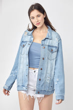 Load image into Gallery viewer, RISEN Full Size Distressed Long Sleeve Denim Jacket