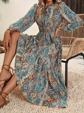 Load image into Gallery viewer, Printed Tie Neck Long Sleeve Maxi Dress