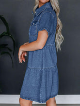 Load image into Gallery viewer, Pocketed Button Up Collared Neck Short Sleeve Denim Dress