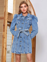 Load image into Gallery viewer, Tied Button Up Collared Neck Denim Dress