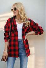 Load image into Gallery viewer, Double Take Drawstring Plaid Long Sleeve Hooded Shacket