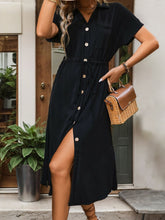 Load image into Gallery viewer, Perfee Slit Drawstring Button Up Short Sleeve Midi Dress