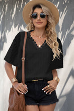 Load image into Gallery viewer, Swiss Dot Lace Trim Flutter Sleeve V-Neck Blouse