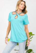 Load image into Gallery viewer, Celeste Full Size Crisscross Cutout Leopard Contrast Trim T-Shirt