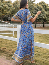 Load image into Gallery viewer, Slit Printed V-Neck Half Sleeve Maxi Dress