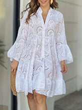 Load image into Gallery viewer, Ruffle Hem Eyelet Notched Long Sleeve Dress