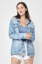 Load image into Gallery viewer, RISEN Full Size Distressed Long Sleeve Denim Jacket