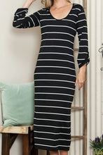 Load image into Gallery viewer, Slit Striped Scoop Neck Long Sleeve Midi Tee Dress