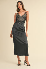 Load image into Gallery viewer, Mable Embroidered Cami Satin Midi Slit Dress