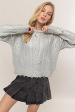Load image into Gallery viewer, HYFVE Distressed Cable-Knit Round Neck Long Sleeve Sweater