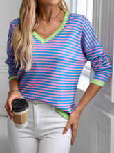 Load image into Gallery viewer, Contrast Trim Striped V-Neck Long Sleeve Knit Top