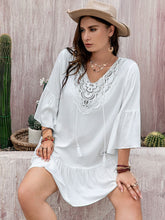 Load image into Gallery viewer, Plus Size Lace Detail Tie Neck Three-Quarter Sleeve Mini Dress