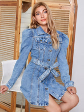 Load image into Gallery viewer, Tied Button Up Collared Neck Denim Dress