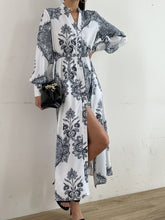 Load image into Gallery viewer, Printed Notched Lantern Sleeve Midi Dress