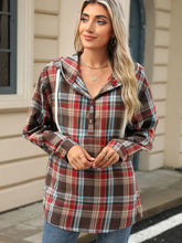 Load image into Gallery viewer, Drawstring Plaid Hooded Long Sleeve Top
