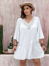 Load image into Gallery viewer, Plus Size Lace Detail Tie Neck Three-Quarter Sleeve Mini Dress