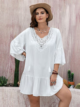 Load image into Gallery viewer, Plus Size Lace Detail Tie Neck Three-Quarter Sleeve Mini Dress