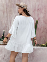 Load image into Gallery viewer, Plus Size Lace Detail Tie Neck Three-Quarter Sleeve Mini Dress