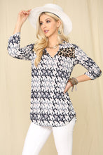 Load image into Gallery viewer, Celeste Full Size Houndstooth & Leopard Roll-Tab Sleeve Top