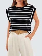 Load image into Gallery viewer, Striped Round Neck Cap Sleeve T-Shirt