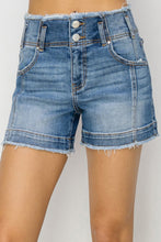 Load image into Gallery viewer, RISEN High Rise Seam Detailed Raw Edge Denim Shorts