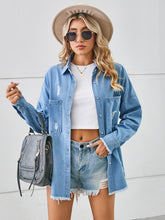 Load image into Gallery viewer, Distressed Raw Hem Dropped Shoulder Denim Jacket