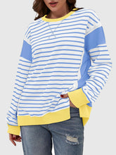 Load image into Gallery viewer, Slit Exposed Seam Striped Long Sleeve Sweatshirt