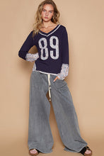 Load image into Gallery viewer, POL V-Neck Long Sleeve Floral Number Patch T-Shirt