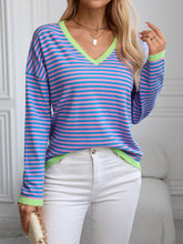 Load image into Gallery viewer, Contrast Trim Striped V-Neck Long Sleeve Knit Top
