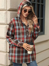 Load image into Gallery viewer, Drawstring Plaid Hooded Long Sleeve Top