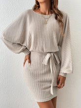 Load image into Gallery viewer, Round Neck Tie Waist Long Sleeve Mini Dress