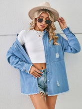 Load image into Gallery viewer, Distressed Raw Hem Dropped Shoulder Denim Jacket