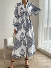 Load image into Gallery viewer, Printed Notched Lantern Sleeve Midi Dress