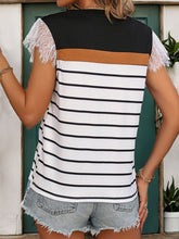 Load image into Gallery viewer, Lace Detail Striped Round Neck Cap Sleeve T-Shirt