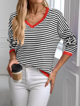 Load image into Gallery viewer, Contrast Trim Striped V-Neck Long Sleeve Knit Top