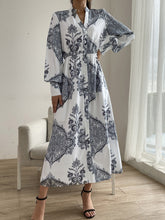 Load image into Gallery viewer, Printed Notched Lantern Sleeve Midi Dress