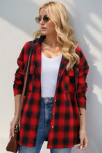 Load image into Gallery viewer, Double Take Drawstring Plaid Long Sleeve Hooded Shacket