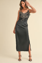 Load image into Gallery viewer, Mable Embroidered Cami Satin Midi Slit Dress