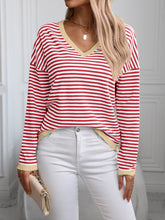 Load image into Gallery viewer, Contrast Trim Striped V-Neck Long Sleeve Knit Top