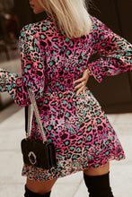 Load image into Gallery viewer, Leopard Flounce Sleeve Plunge Mini Dress