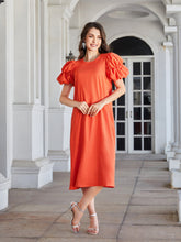 Load image into Gallery viewer, Round Neck Bubble Sleeve Straight Hem Midi Dress