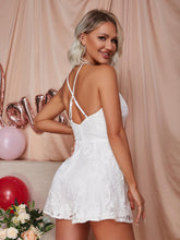 Load image into Gallery viewer, Belted Spaghetti Strap Plunge Lace Romper