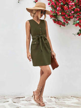 Load image into Gallery viewer, Buttoned V-Neck Belted Sleeveless Dress