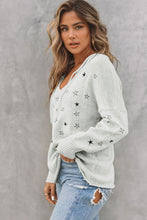 Load image into Gallery viewer, Star V-Neck Roll Hem Drop Shoulder Sweater