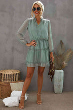 Load image into Gallery viewer, Swiss Dot Tie Neck Frill Trim Dress