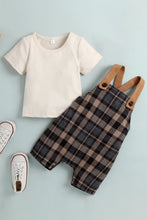 Load image into Gallery viewer, Baby Round Neck Tee and Plaid Overalls Set